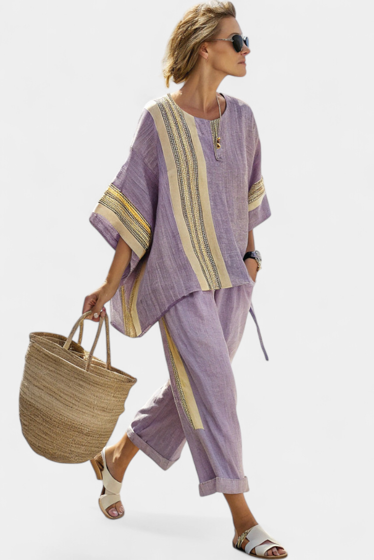 Boho chic women's striped top & matching pants set, a stylish coordinated outfit for summer.