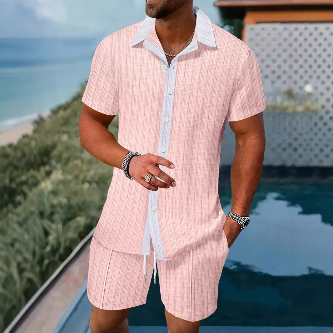 Comfortable men's summer leisure set: short-sleeve button shirt & casual shorts. Ideal vacation wear.