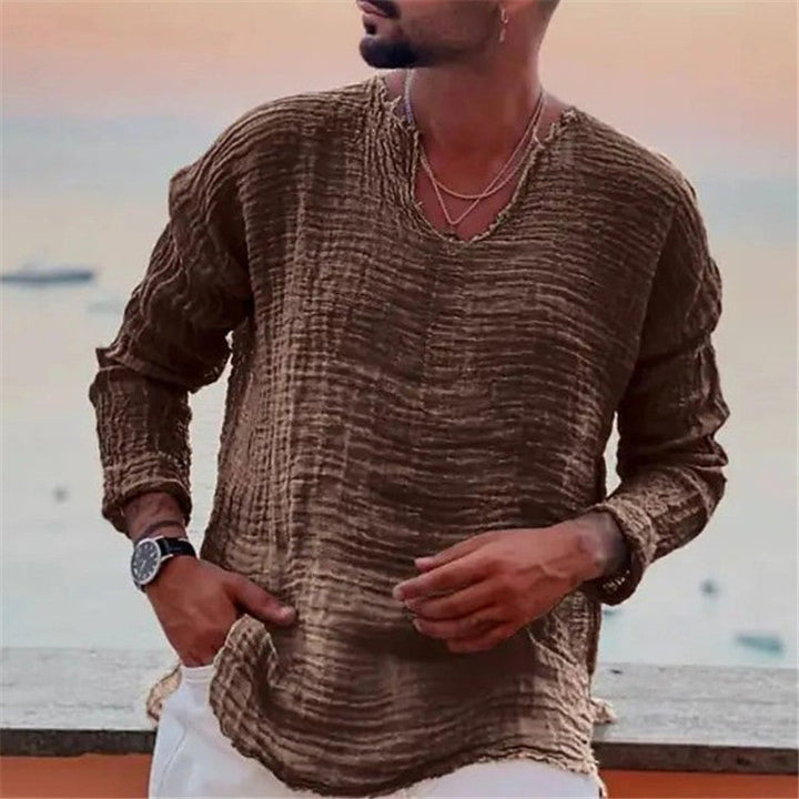 Stylish men's V-neck casual top. Ideal for beach, outdoor activities, and summer fashion.