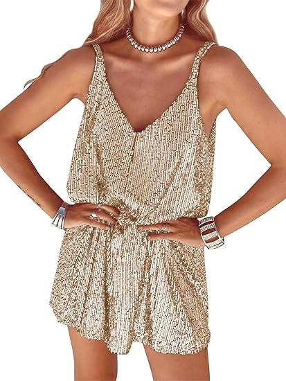 Dazzling women's party jumpsuit with a deep V-neck, shimmering fabric, and elastic waist.