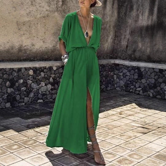 Versatile women's elegant maxi dress with deep V-neck & high slit, suitable for casual or party wear.