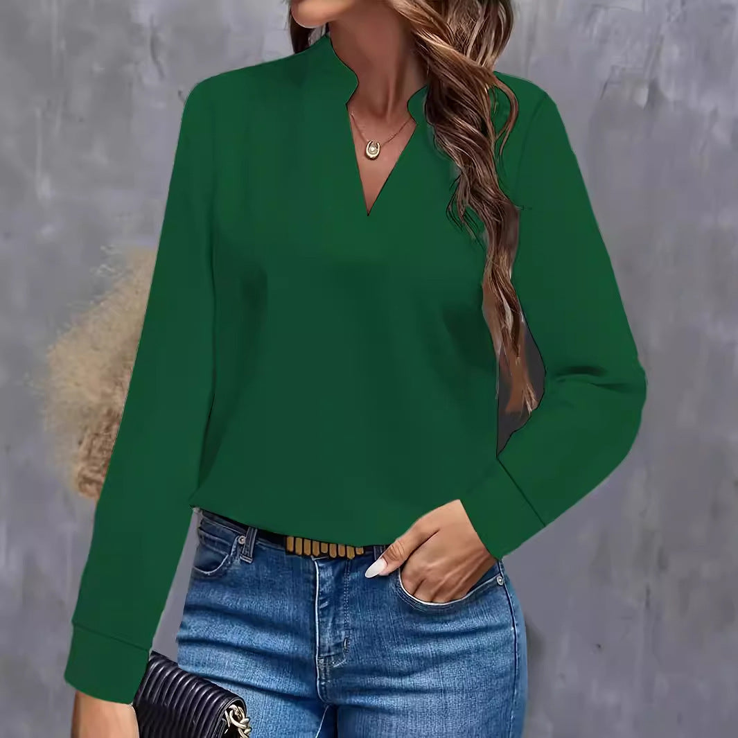 Classic women's stand-up collar long sleeve blouse, a timeless addition to any wardrobe, office or casual.