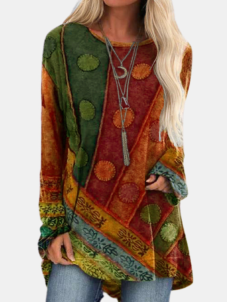 Women's vibrant pattern long sleeve casual shirt, ideal for everyday comfort & style. Loose fit top.