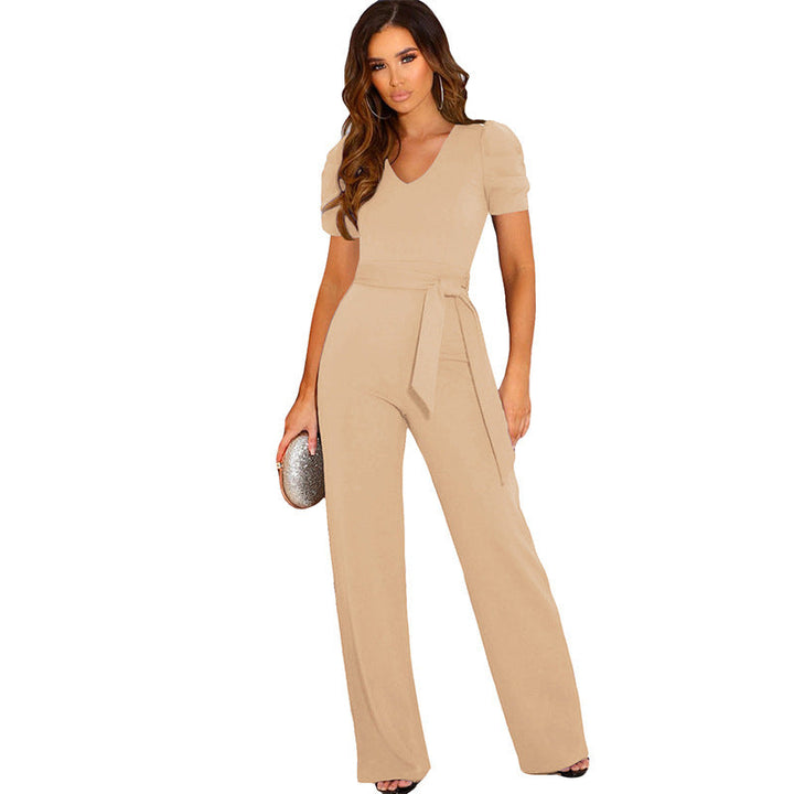 Versatile women's jumpsuit, elegant yet casual, with graceful puff sleeves and a flattering waist belt.