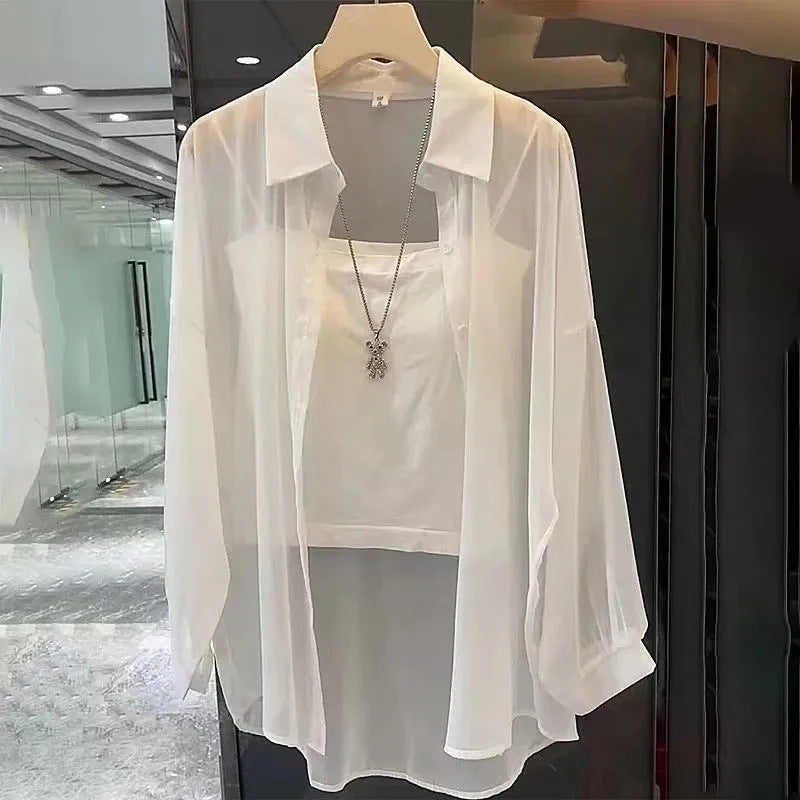 Chic women's sheer button-down tunic with flowing layered fabric. Perfect elegant top for spring outfits.