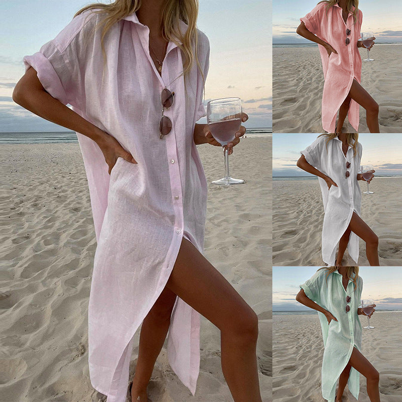 Women's lightweight button-down beach blouse, perfect for summer, vacation, or as a swim cover-up.