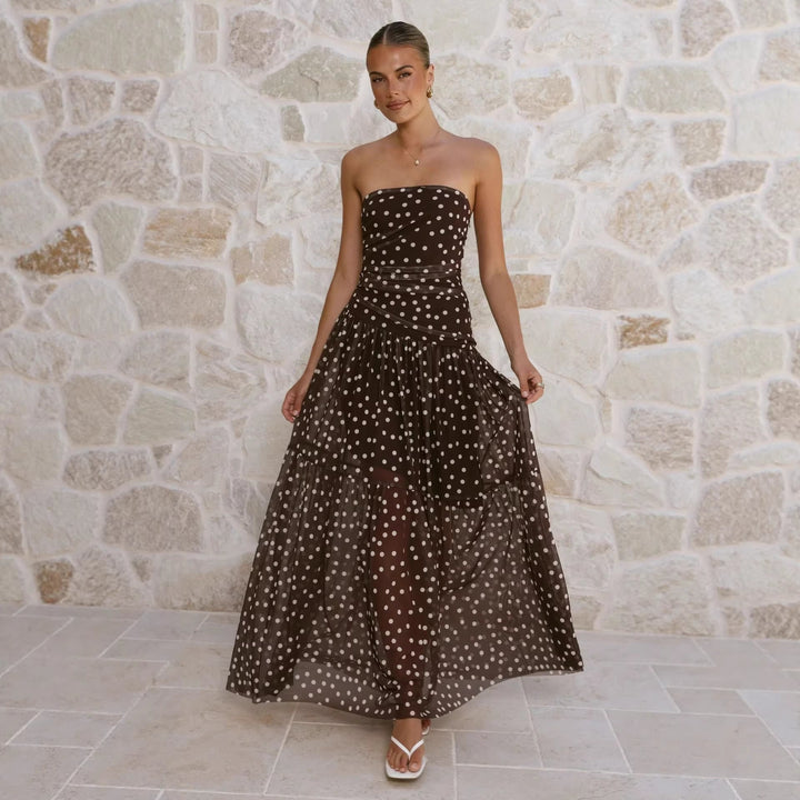 Stylish off-shoulder polka dot maxi dress for women, a charming, elegant summer dress for various occasions.