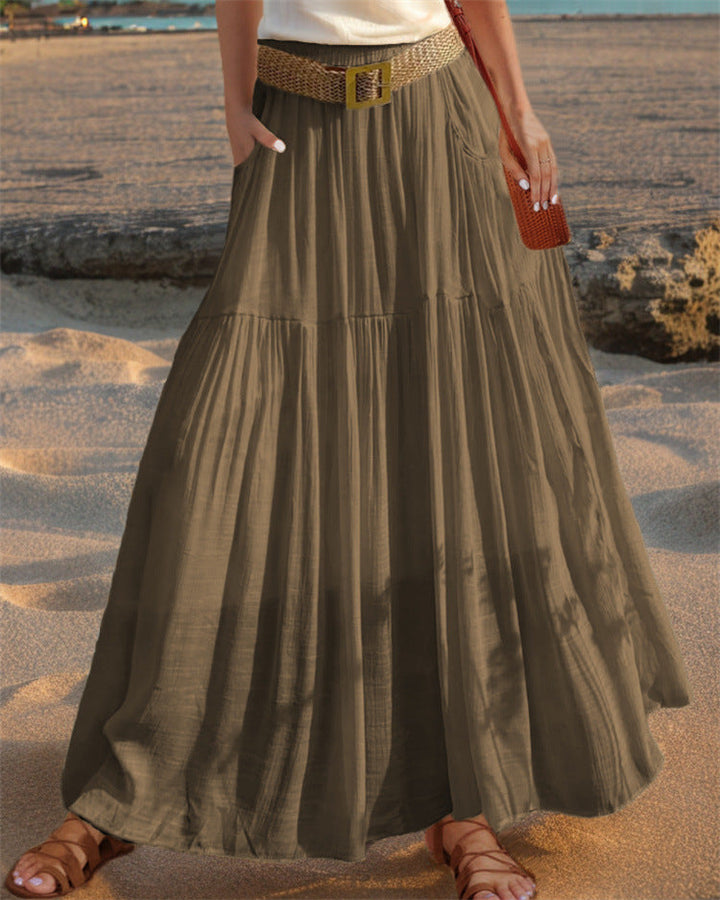 Versatile women's skirt, maxi length, pleated, with pockets; great for summer fashion.
