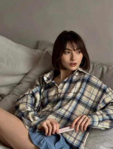 Casual women's red plaid oversized shirt blouse, comfortable relaxed fit, button-up top.