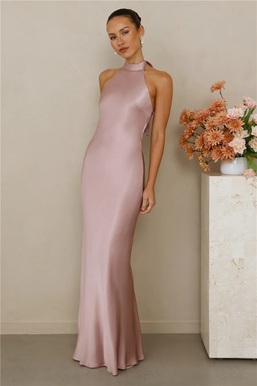 Shimmering fabric high neck maxi dress, an elegant formal gown for women's evening parties.