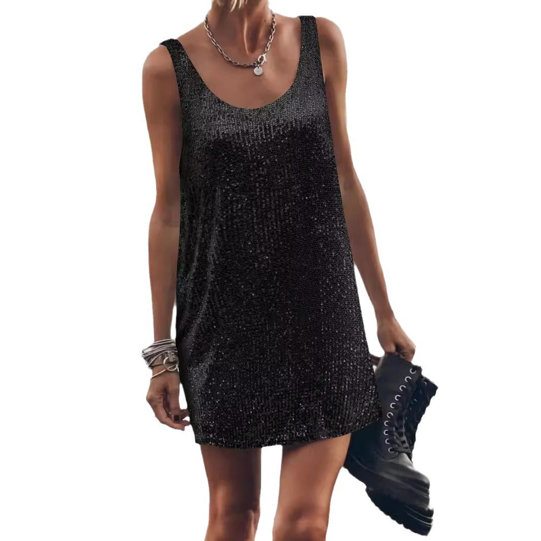 Women's off-shoulder mini dress with shimmering sequins, a glamorous party look.