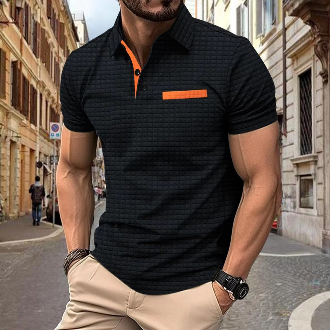 Men's structured short sleeve polo shirt. Modern fit, smart casual style. Versatile top for men's fashion.