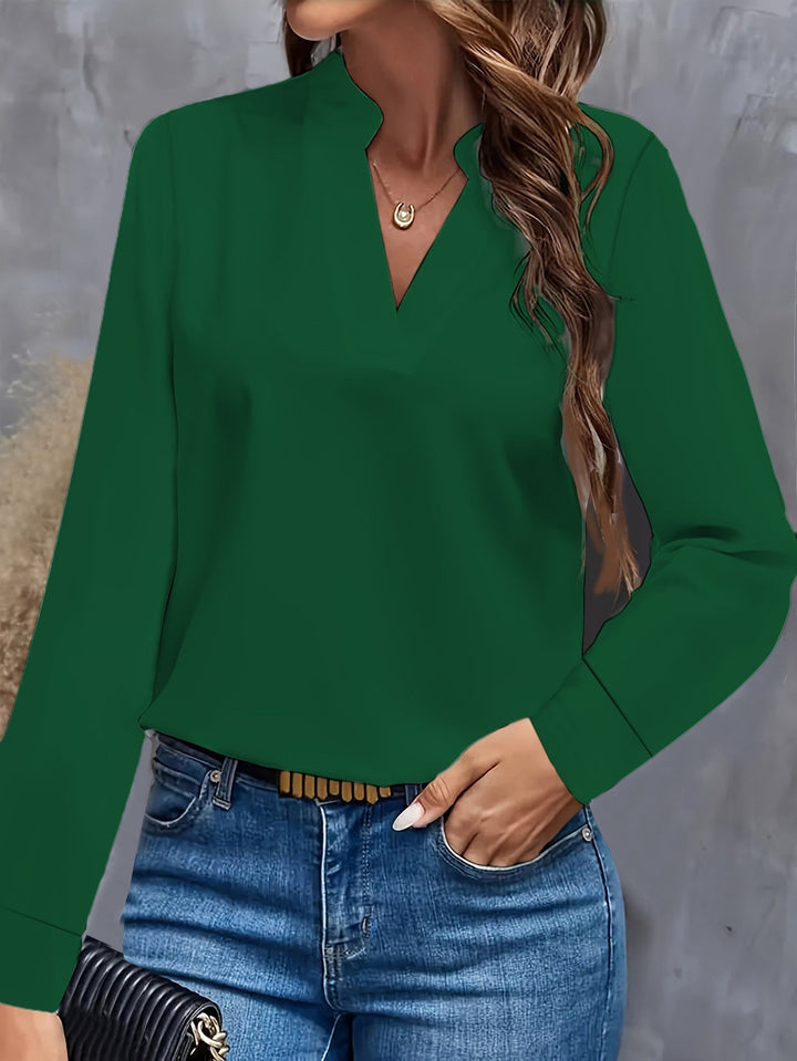 Modern women's long sleeve blouse with elegant stand-up collar, a fashionable top for office & everyday versatility.