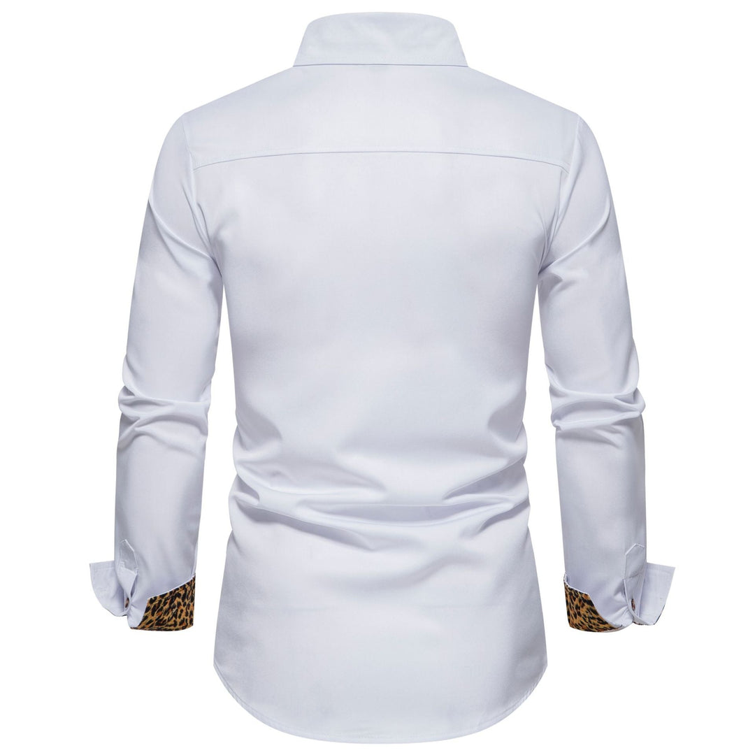 Unique men's fashion shirt: elegant long-sleeve button-up with bold leopard print details for formal or casual wear.