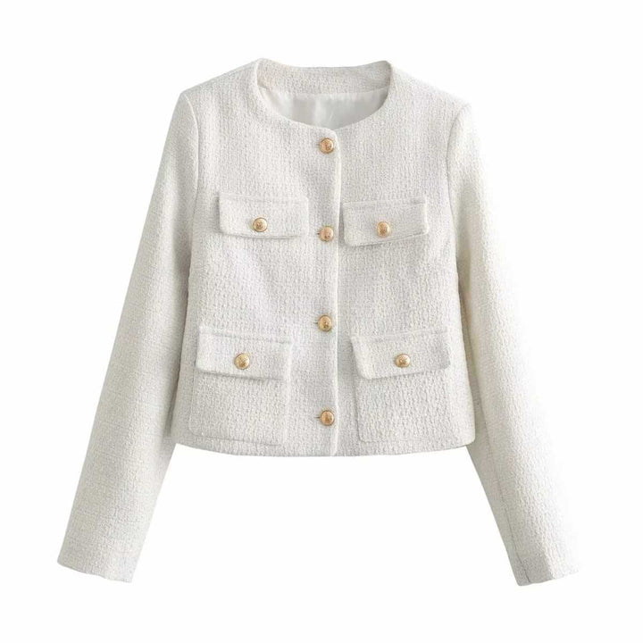 Professional women's blazer, designed with classic gold buttons for a refined and polished look.