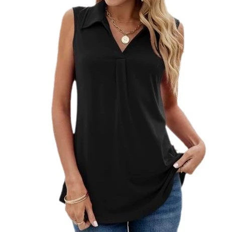Chic women's sleeveless blouse with elegant button detail, perfect for office or casual summer wear.