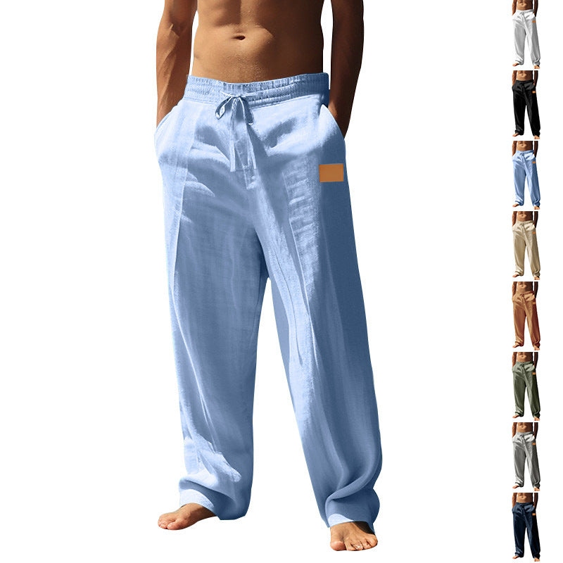 Men's relaxed fit casual pants, elastic waist, side pocket. Comfortable everyday summer style.