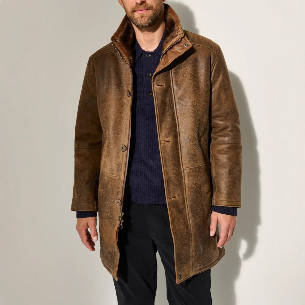 Sophisticated men's long winter coat, stylish brown outerwear. Elegant & warm for premium cold weather fashion.