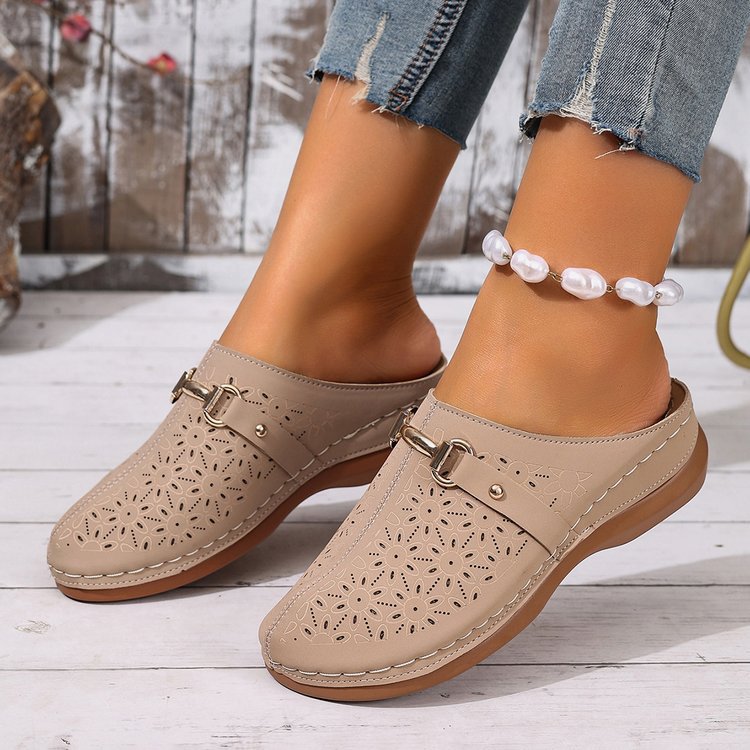 Top view of women's floral clogs, comfortable slip-on shoes, showcasing pattern for spring & summer.