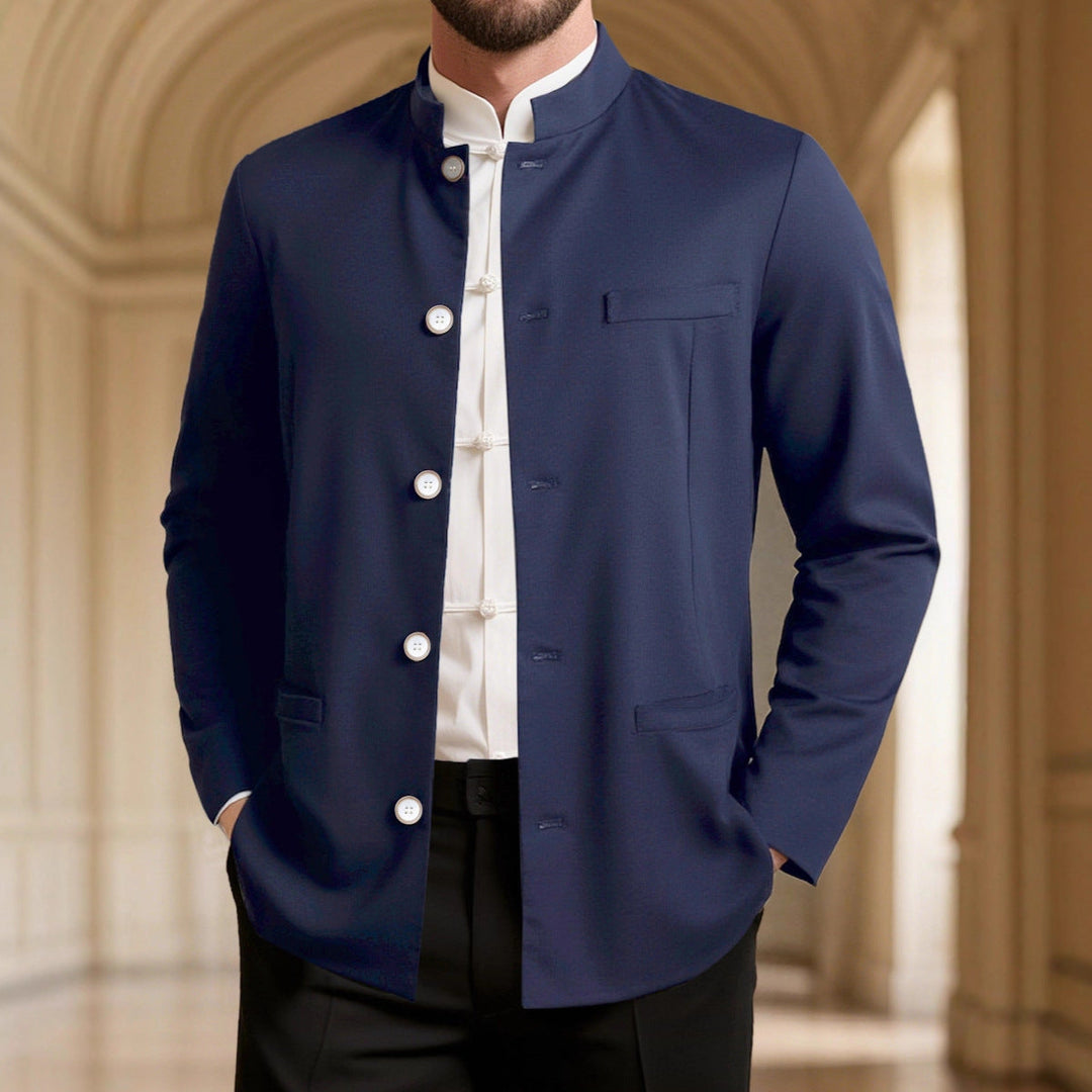 Tailored men's high collar blazer with a unique design. Sophisticated suit jacket for formal and smart casual events.