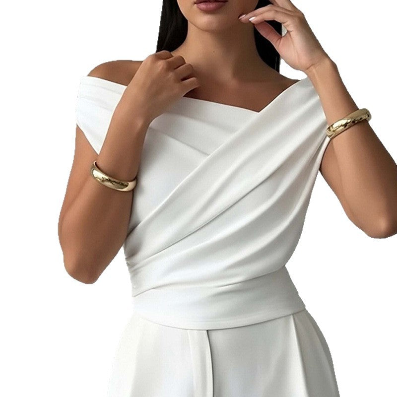 Stylish women's elegant long-sleeve top, wrap-front with trendy shoulder cutout. Modern fashion statement.