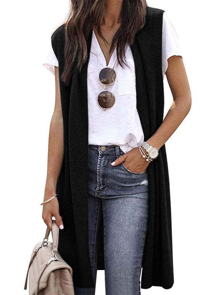 Close-up of fabric on an elegant women's long casual vest, highlighting its quality and modern feel.