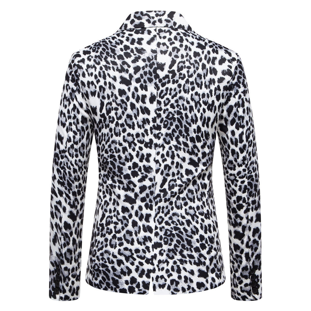 Elegant men's suit blazer featuring a striking leopard pattern, ideal for formal wear and unique style.