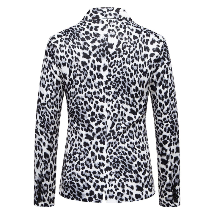 Elegant men's suit blazer featuring a striking leopard pattern, ideal for formal wear and unique style.