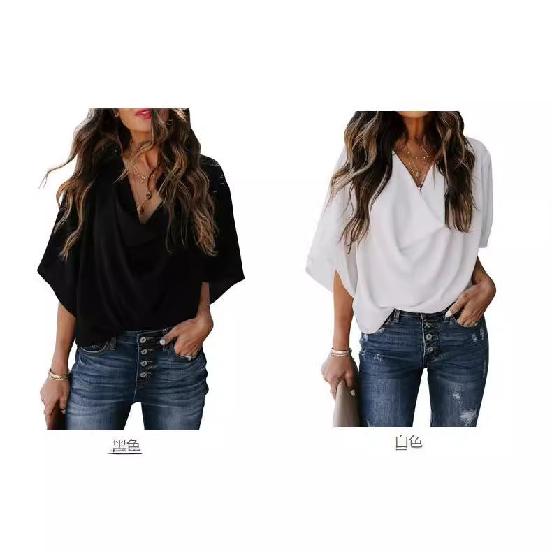 Soft fabric V-neck blouse for women, elegant draped front & comfortable loose sleeves, a versatile spring top.