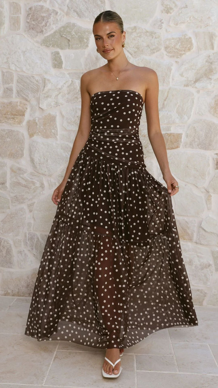 Beautiful off-shoulder polka dot maxi dress, an elegant women's summer vacation dress perfect for resorts or parties.