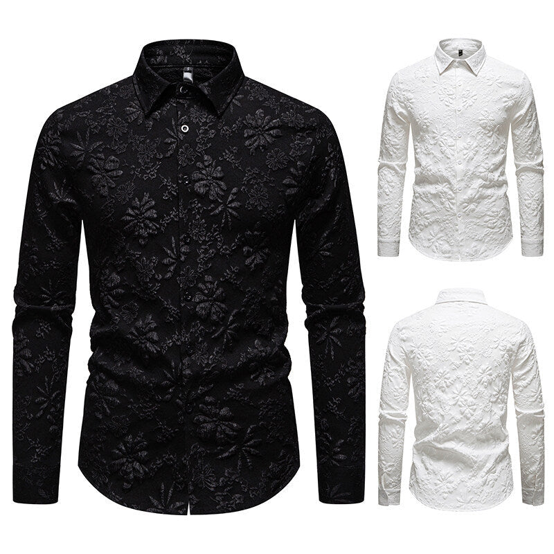 Fashionable men's long sleeve shirt showcasing a distinctive floral pattern, great for a unique, elegant look.