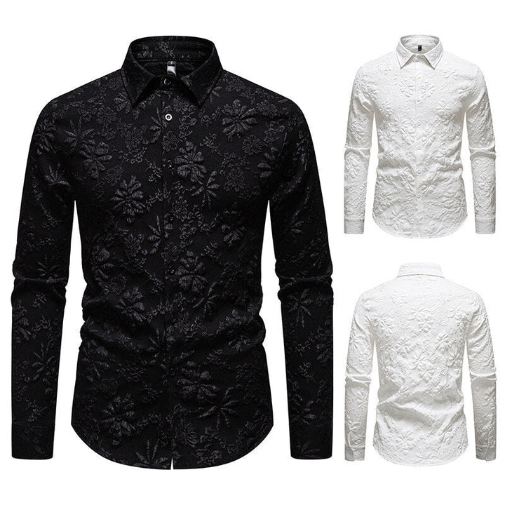 Fashionable men's long sleeve shirt showcasing a distinctive floral pattern, great for a unique, elegant look.