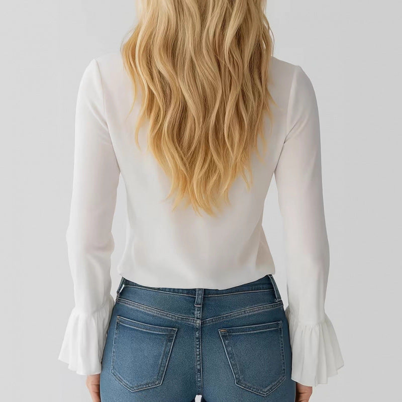 Feminine ruffle V-neck shirt, a sophisticated women's blouse with flared sleeves for parties.