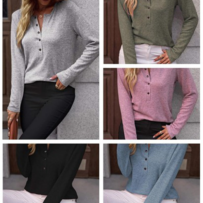 Women's comfortable long sleeve top, soft fabric, perfect for everyday casual wear with button detail.