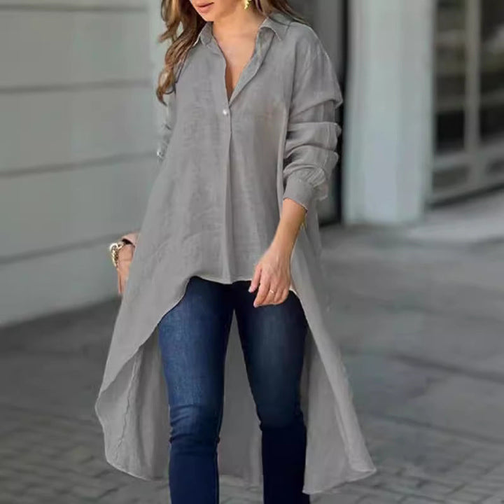 Asymmetrical hem women's white long blouse, a stylish relaxed fit summer casual top.