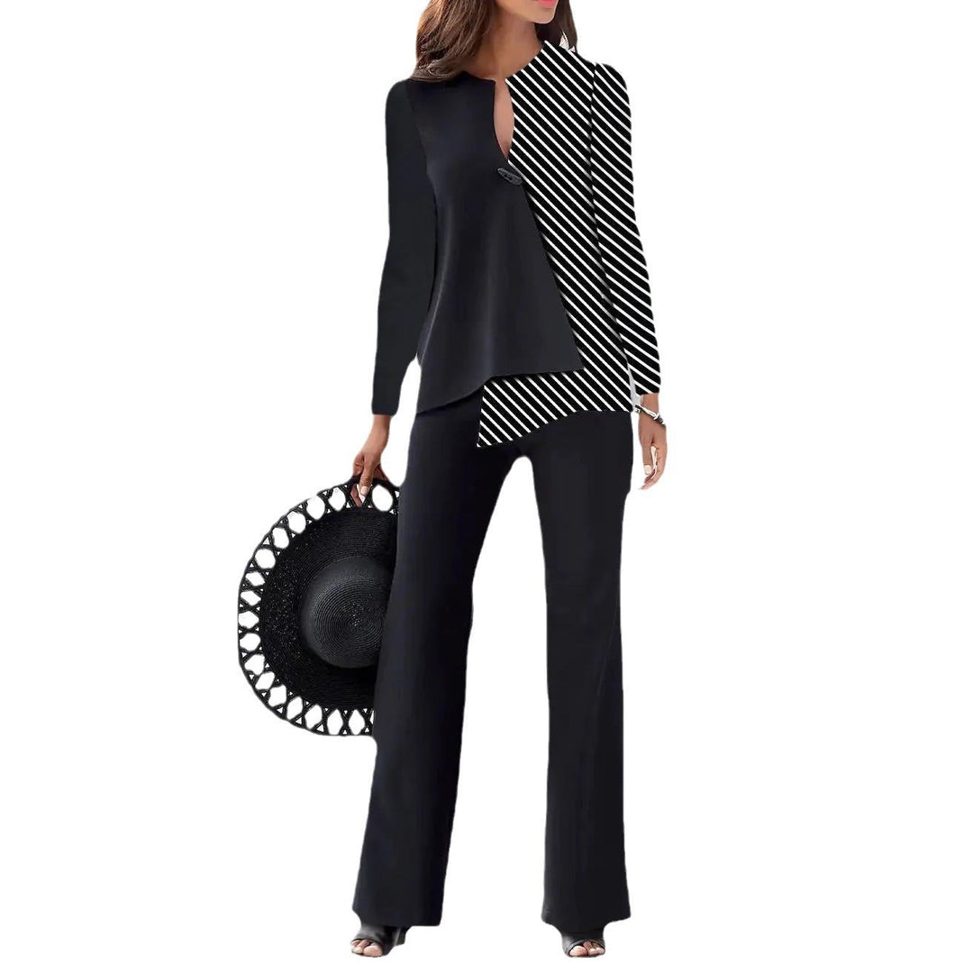 Professional women's elegant pant suit set featuring a unique asymmetrical design, ideal for the office.