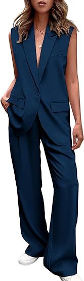 Designer women's sleeveless blazer & wide leg pant set, perfect for a polished, elegant look.