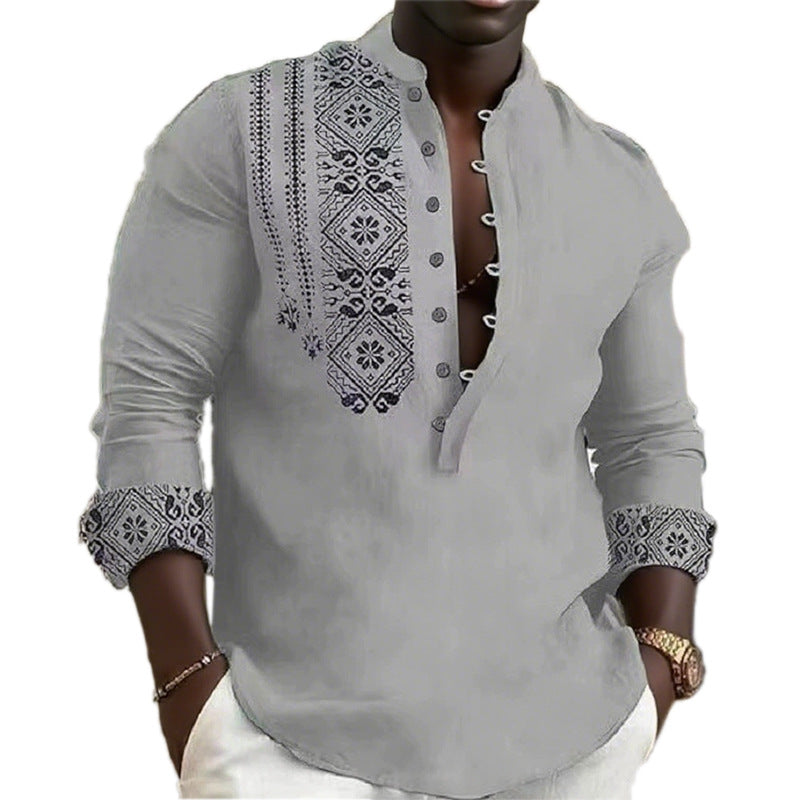 Close-up of men's long sleeve ethnic print shirt, featuring intricate patterns and a modern, versatile design.