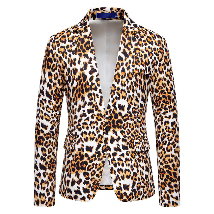 Men's bold leopard print suit blazer for a stylish party outfit or formal event, tailored and elegant.