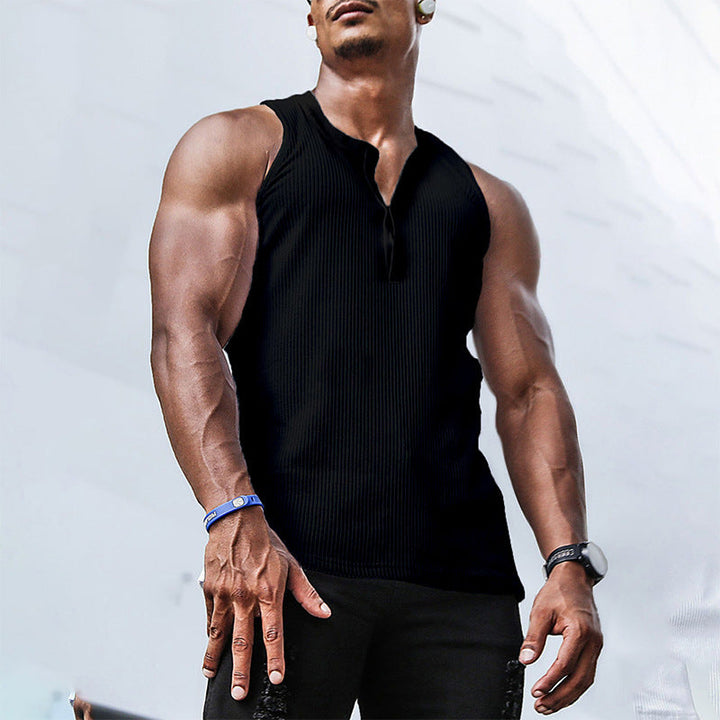 Workout-ready men's sleeveless top, activewear with a convenient button placket, great for training.