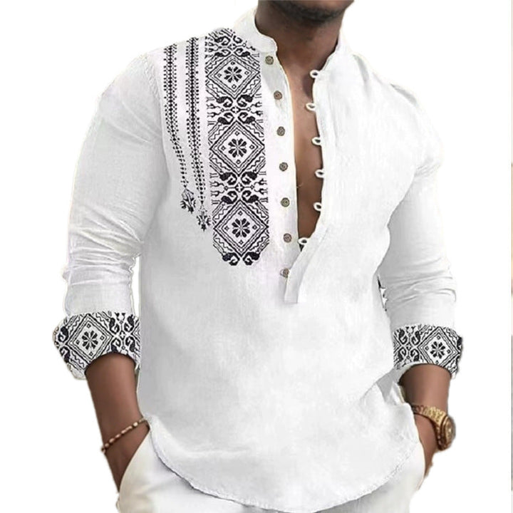 Elegant men's long sleeve shirt, ideal for casual or smart-casual occasions, showcasing a distinct ethnic design.