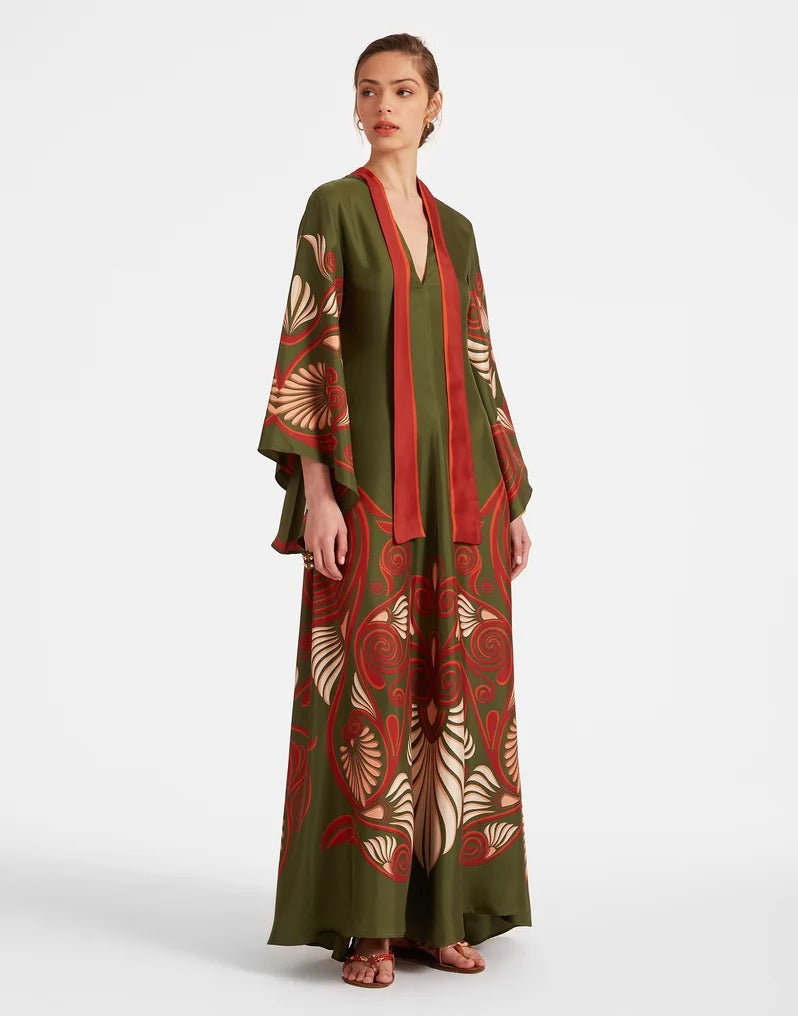 Flowy A-line casual dress for women, featuring a colorful 3D print and comfortable three-quarter sleeves.