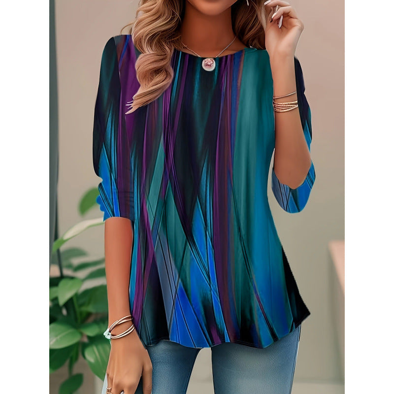 Vibrant abstract pattern women's blouse, relaxed fit long sleeve top for comfortable fashion.