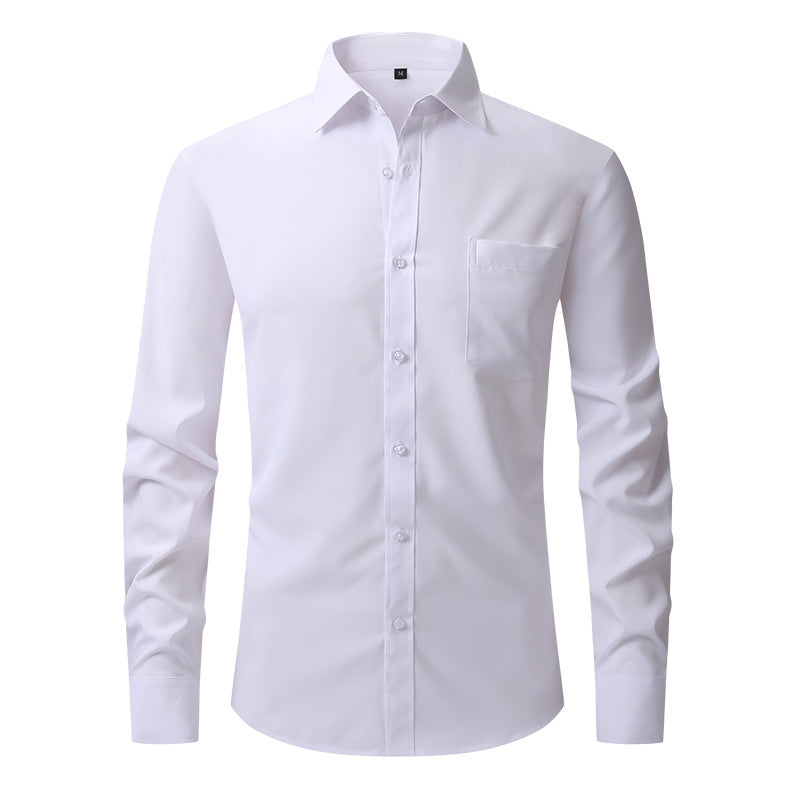 Men's white long sleeve business dress shirt, tailored fit for professional office wear.