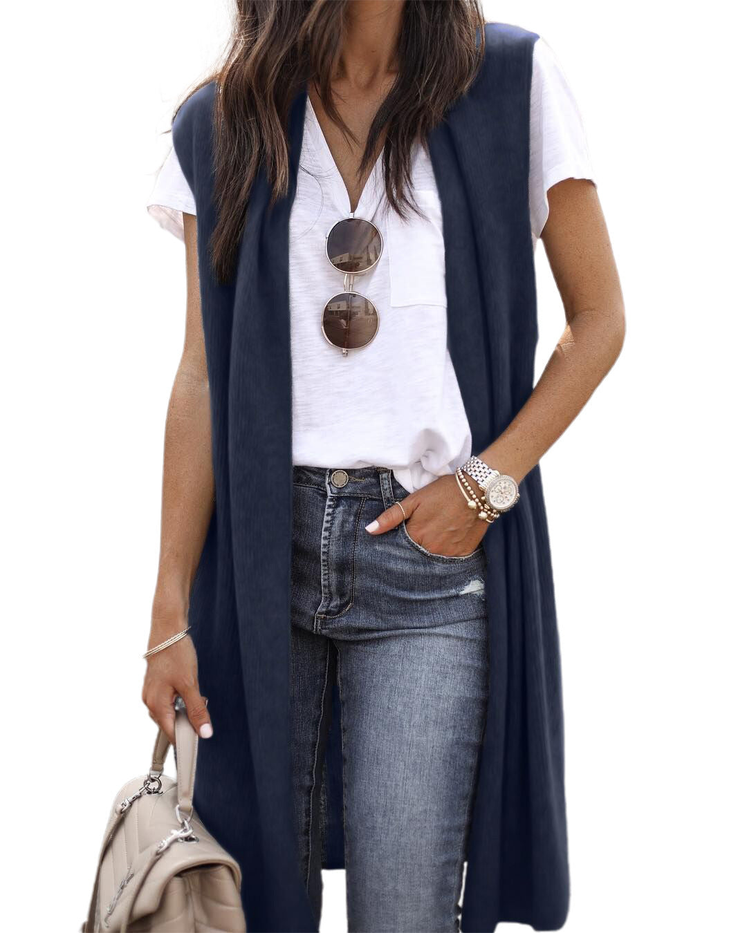 Women's elegant long vest, blending casual comfort with chic modern fashion for versatile everyday wear.