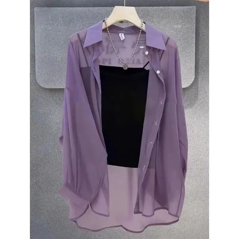 Lightweight sheer button-down tunic for women. Elegant layered long-sleeve top, ideal for summer & spring style.