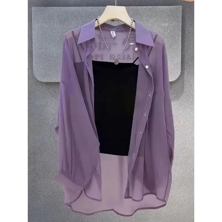 Lightweight sheer button-down tunic for women. Elegant layered long-sleeve top, ideal for summer & spring style.