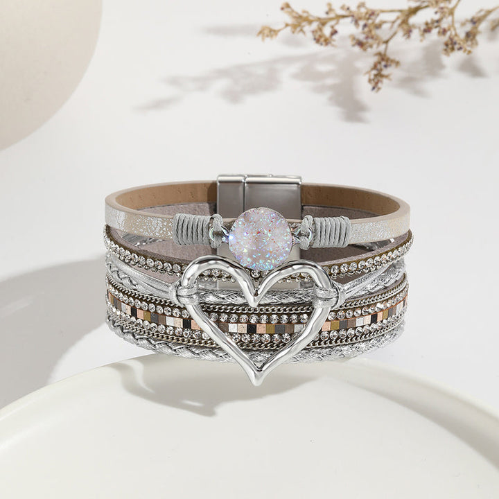 Bohemian heart charm bracelet for women, crafted with natural stones and sparkling rhinestones.