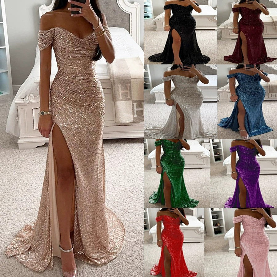 Women's shimmering off-shoulder sequin evening gown. Elegant maxi party dress with a stylish slit.