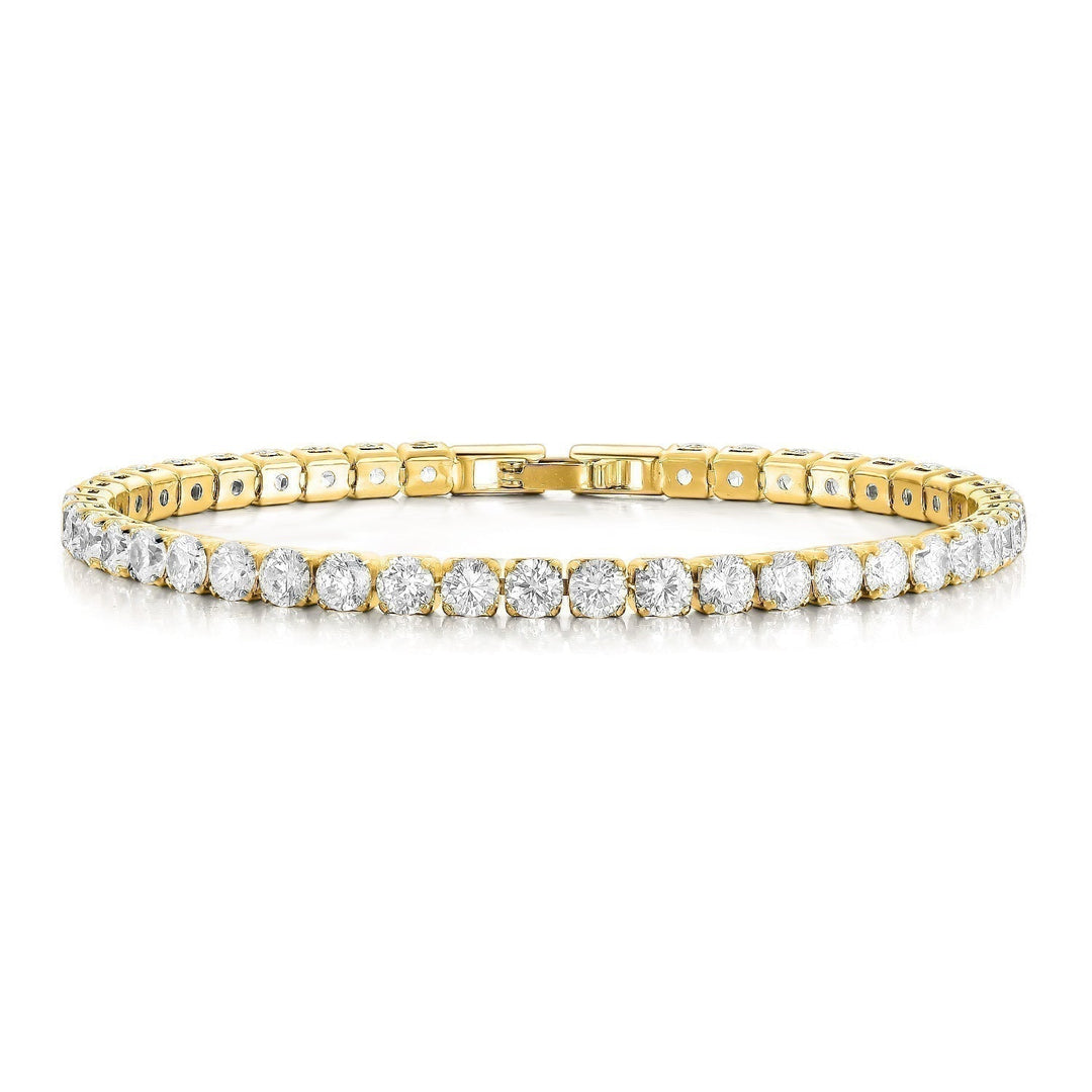 Women's elegant gold-plated crystal tennis bracelet, a sparkling adjustable jewelry piece for classic style.